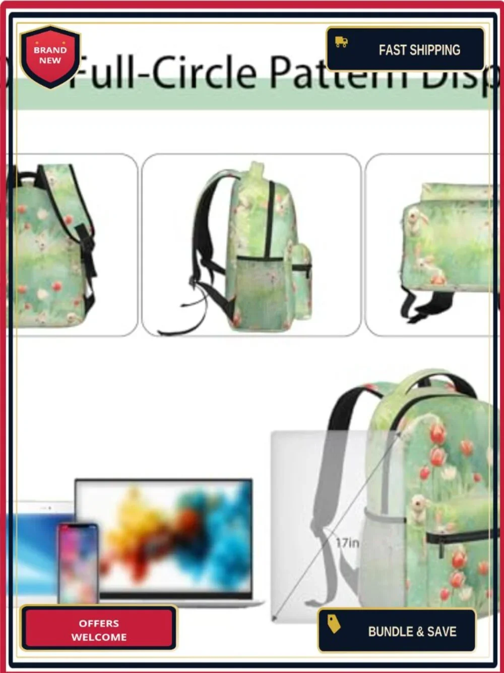 Vintage Insect Pattern Polyester Backpack with Padded Laptop Sleeve,